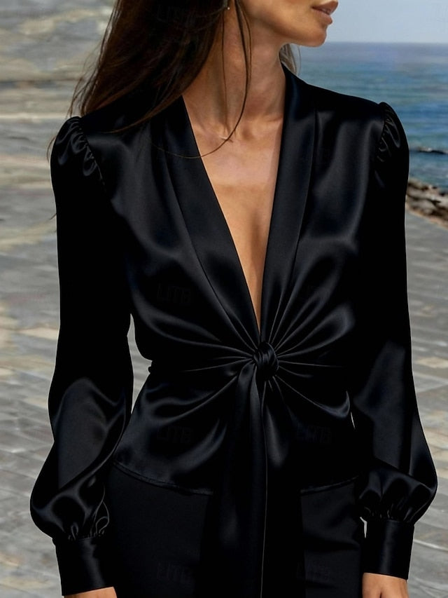 Women's Shirt Blouse Tie Front Plain Stylish Modern Casual