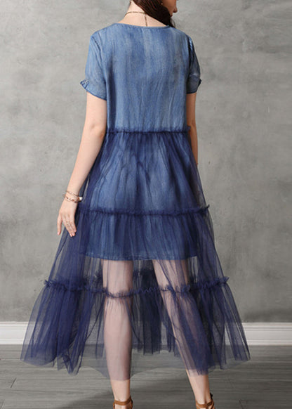 Classy Blue O-Neck Embroidered Tulle Patchwork Long Denim Dresses Short Sleeve NN020