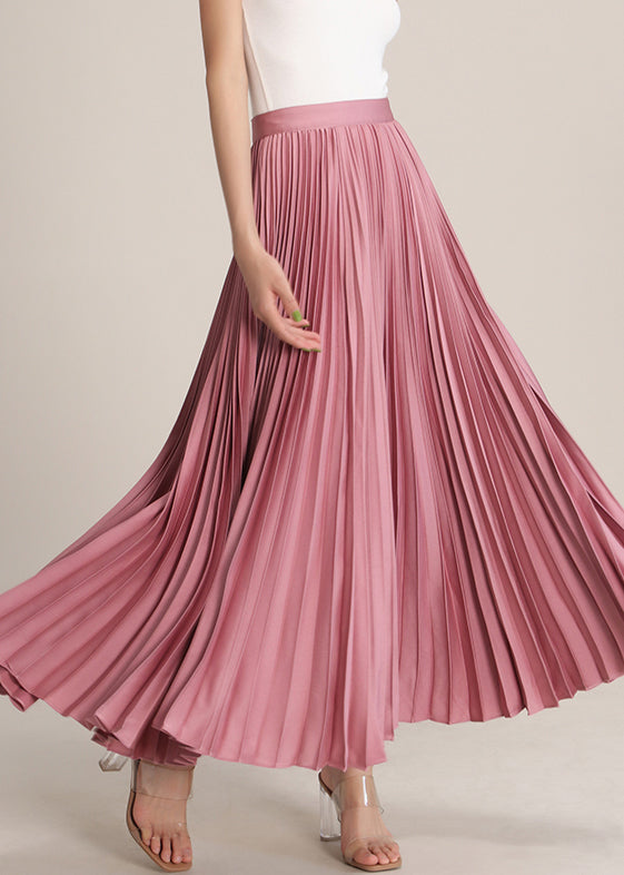 Pink Solid High Waist Silk Pleated Skirt Zippered RV014