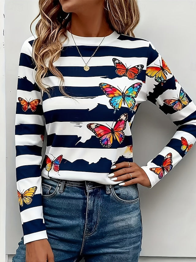 Women's T Shirt Print Graphic Butterfly Striped Vintage