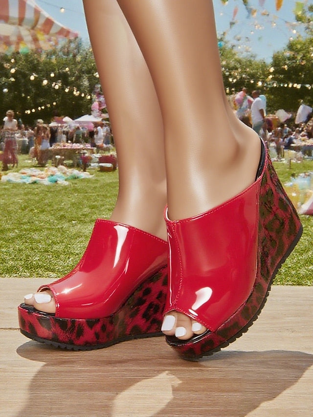 Wedge Peep Women's Leopard - Sandals Patent Red Leather Toe