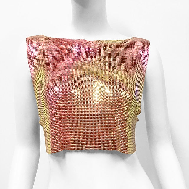 Metallic Sparkle Sexy Crop Tank Top Disco Solid Color Fancy