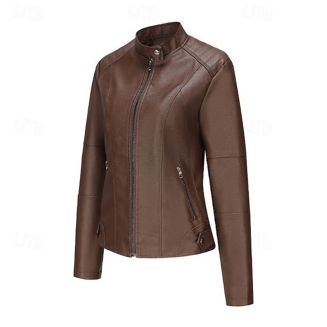 Women's Pocket Faux Jacket Comfortable Zipper Leather