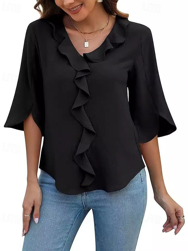 Women's Blouse Ruffle Plain Elegant Stylish Long Sleeve V
