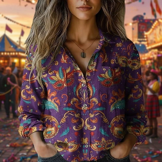 Carnival Mardi Gras Women's Shirt Boho Shirt Buttons Print