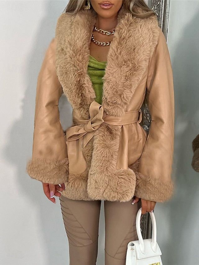 Collar Leather Women's Warm Faux Fur Jacket Breathable
