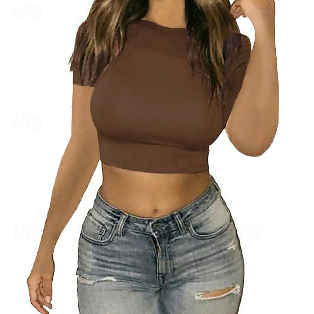 Women's Wrap Crop Top Plain Stylish Short Sleeve Crew Neck