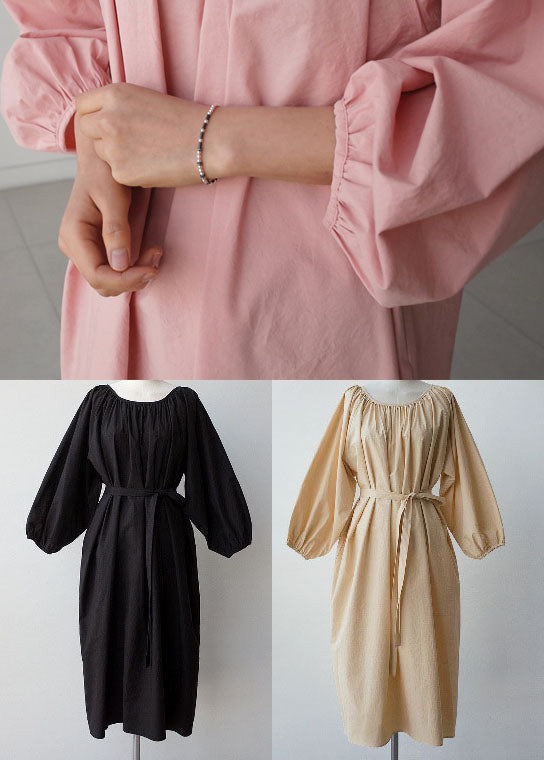 Robe froissée col rond rose maxi manches trois quarts en coton 