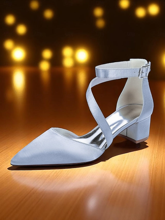 Women's Pointed Heels Toe Satin Block Champagne -