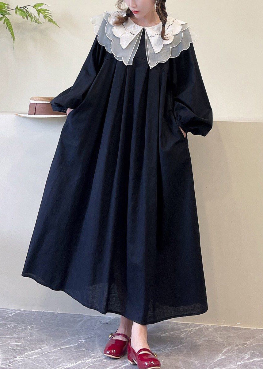 Robe en coton noire à poches et col Peter Pan et manches longues NN043 