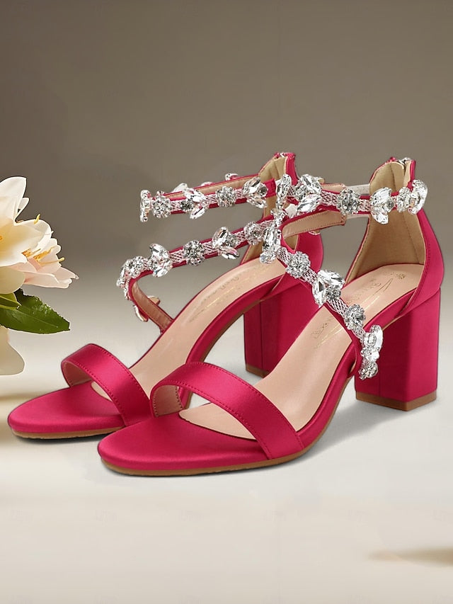Heel Pink Straps with Crystal Women's Sandals Block Satin
