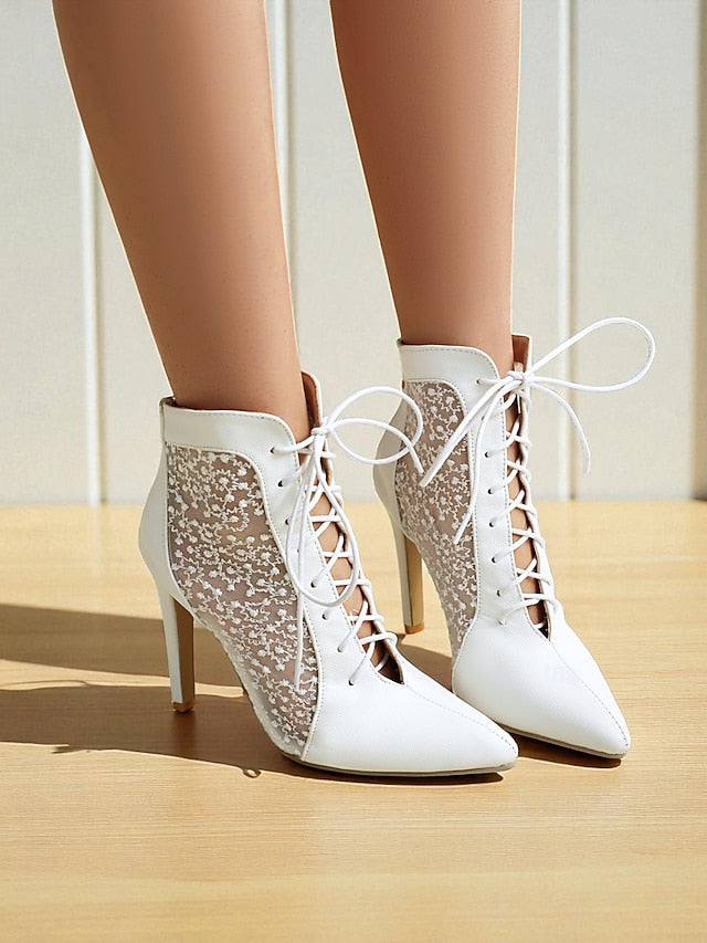 Heels Women's Stiletto Booties Mesh with White Lace Ankle
