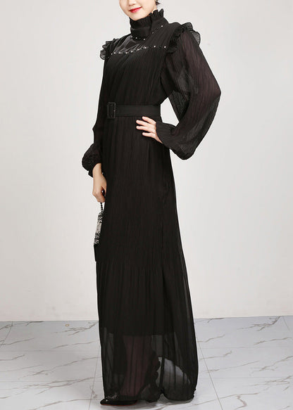 French Black Ruffled Solid Chiffon Maxi Dresses Fall AR1038