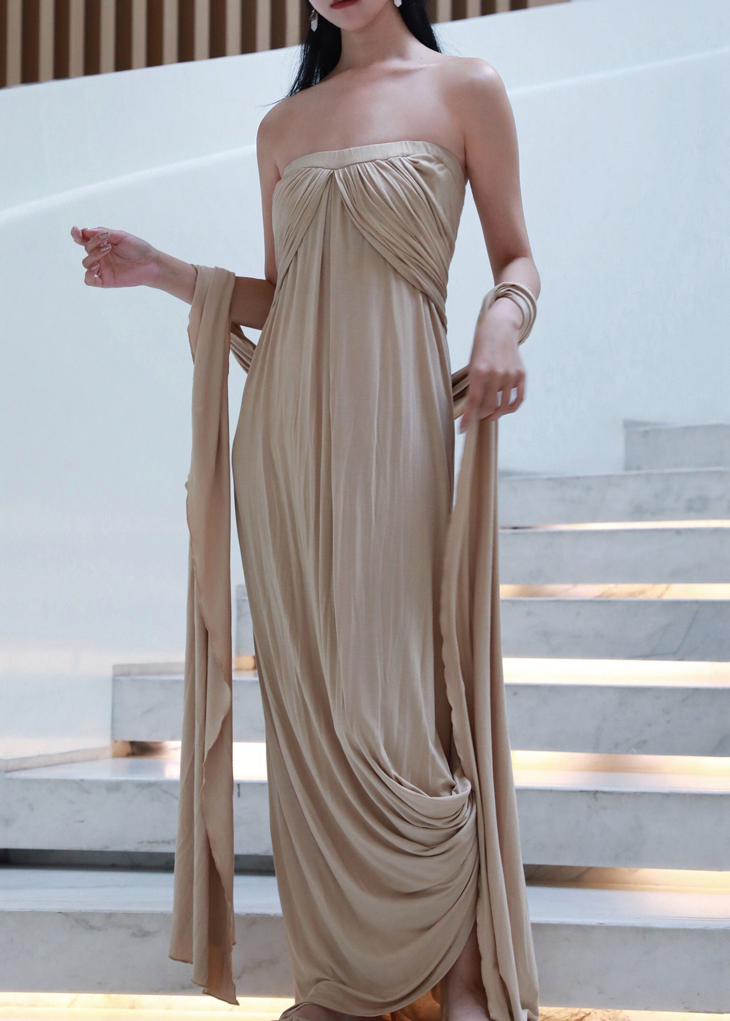 The Off Dresses Wrinkled Cotton French Long Khaki Shoulder