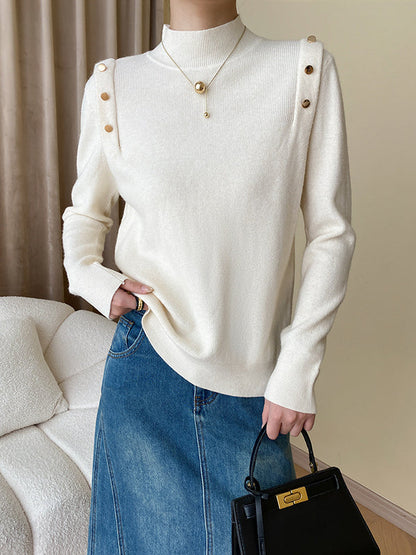 Elegant Grey High-Neck Buttoned Decor Long Sleeve Knit Sweater AN1050