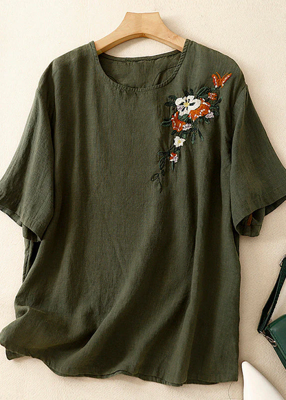 Grace Khaki O Neck Embroidered Linen T Shirts Summer QR018