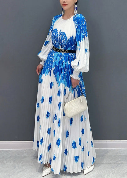 Style White Blue O Neck Print Wrinkled Long Dresses Petal Sleeve AO1001