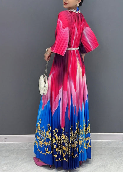 Chic Red Blue Patchwork Print Sashes Maxi Dresses Half Sleeve AO1041