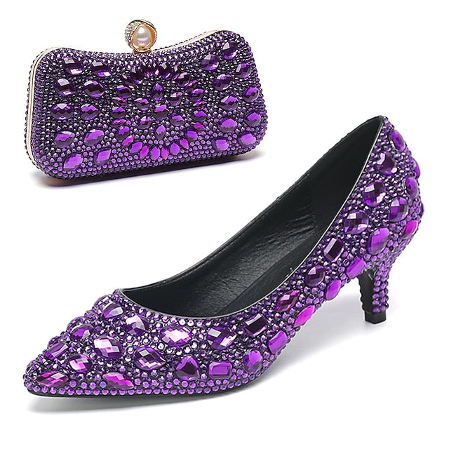 Crystal-Embellished Heel Kitten Shoes Matching and Women's