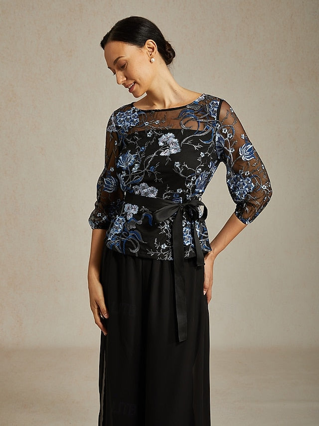 Women's Dressy Tops Embroidered Illusion Lace Elegant 3/4