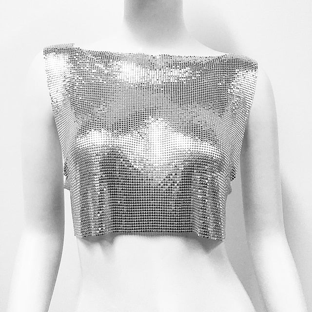 Metallic Sparkle Sexy Crop Tank Top Disco Solid Color Fancy