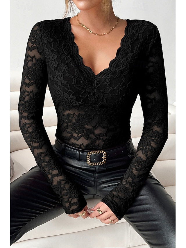 Women's Blouse Lace Tops Lace Plain Stylish Long Sleeve V