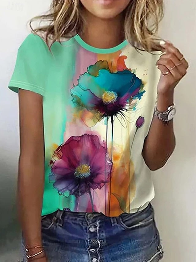 Women's T Shirt Print Floral Color Block Casual Short