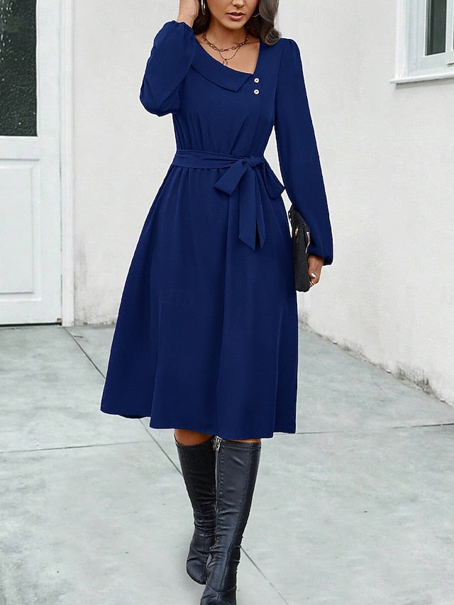 Women's Midi Dress Elegant Dark Green Long Sleeve Belted