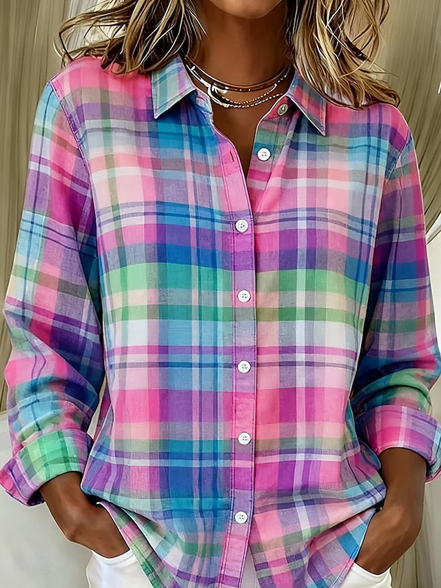 Women's Shirt Buttons Print Graphic Plaid Vintage Stylish