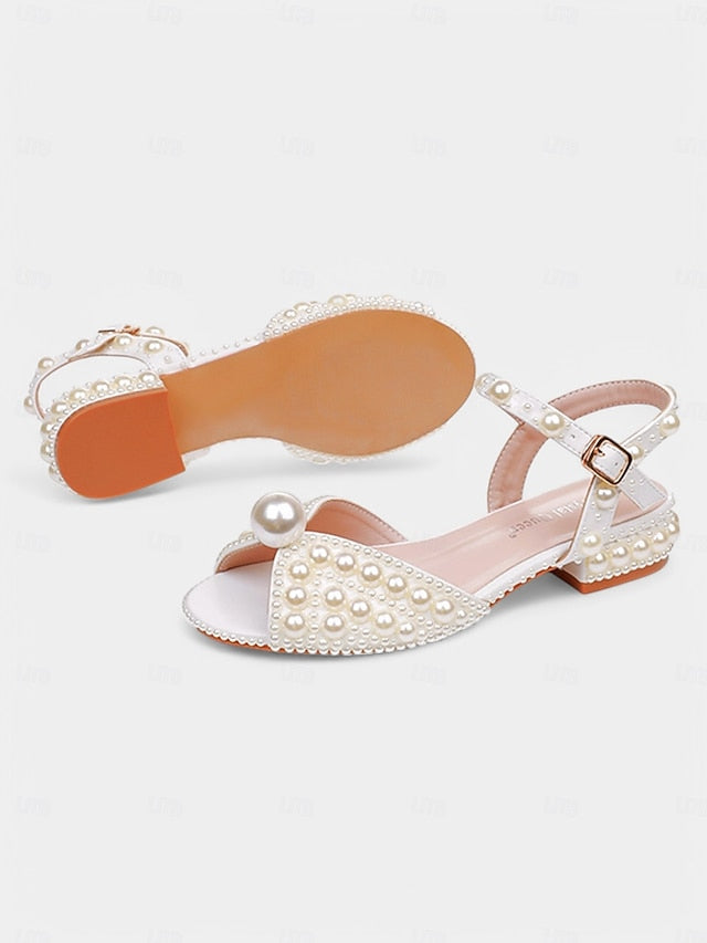 Heel Women's Low Sandals White Pearl-Embellished –