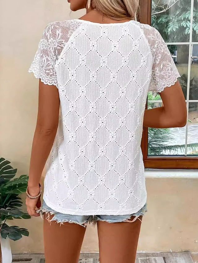 Women's Lace Splicing Top Lace Hawaiian Short Sleeve V Neck