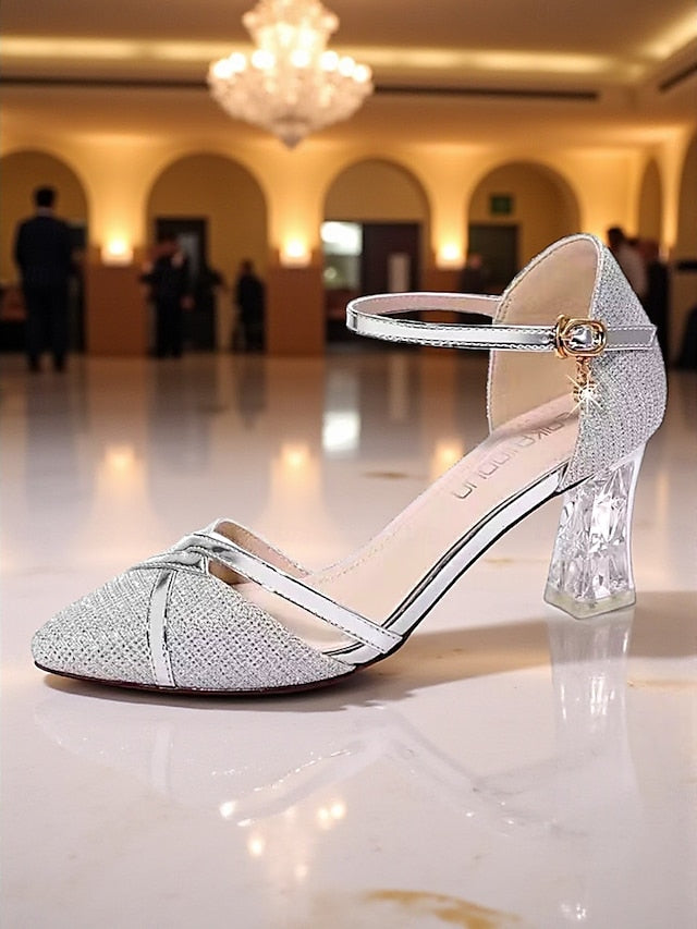 Strap Heel Women's Elegant - Ankle Glitter Pumps Block Gold