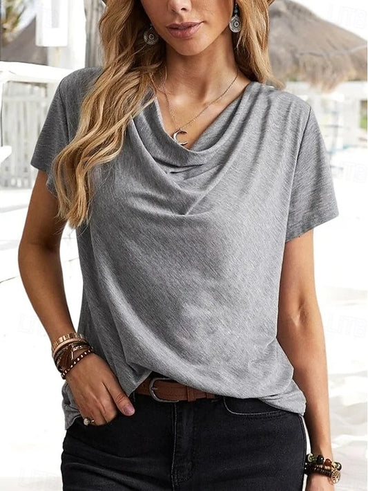 Women's T Shirt Tee Pleats Solid Color Elegant Vintage