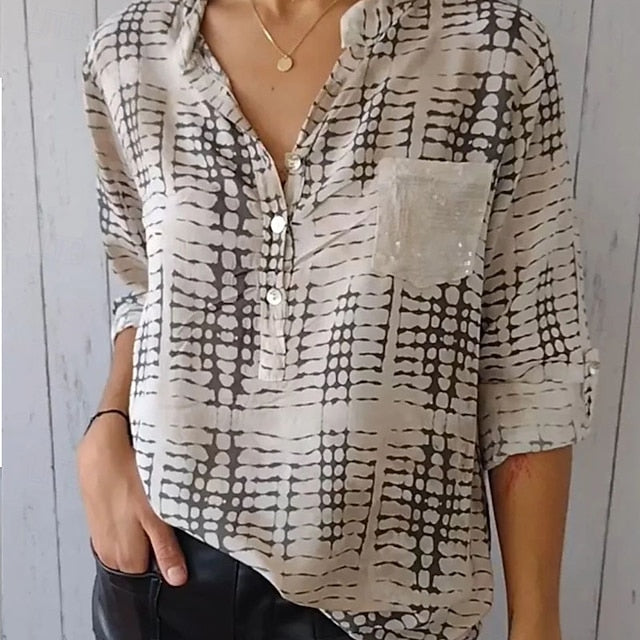 Women's Blouse Dressy Tops Ruched Patchwork Pocket Plaid