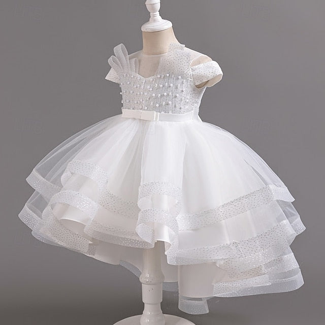 Wedding Solid Short Dress Kids Color Sleeve Girls' Party
