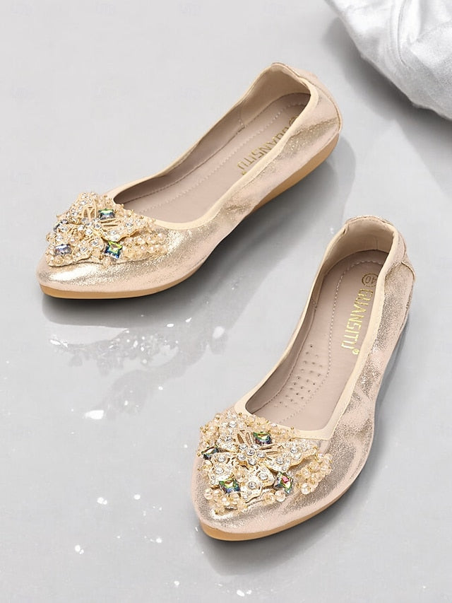 with Gold Crystal Glitter Foldable Flats Women's
