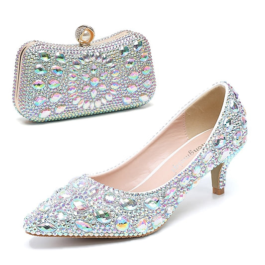 Crystal-Embellished Heel Kitten Shoes Matching and Women's