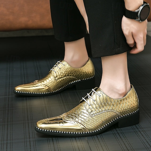 Shiny Metallic Men's Shoes Oxford Faux Gold –