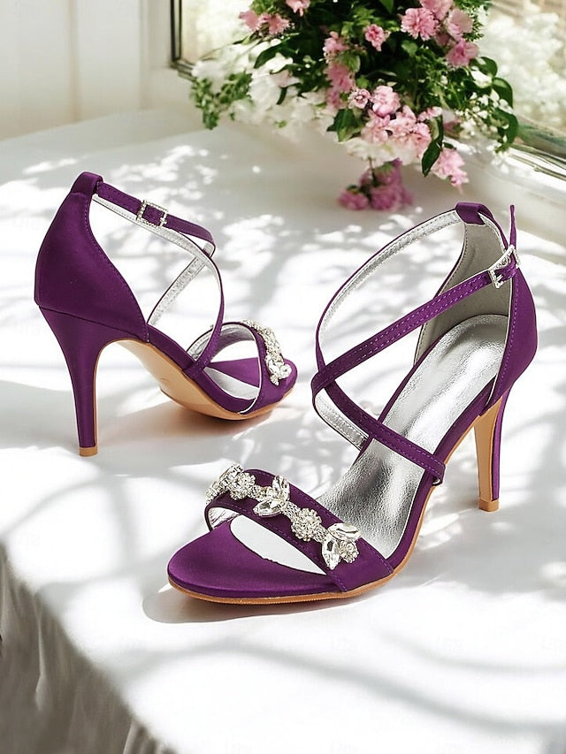 Stiletto Women's Purple Rhinestone Satin Heels Straps with