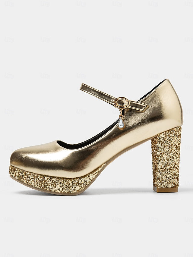 Heel Gold Pumps Sparkly Women's Jane Glitter Block Mary –