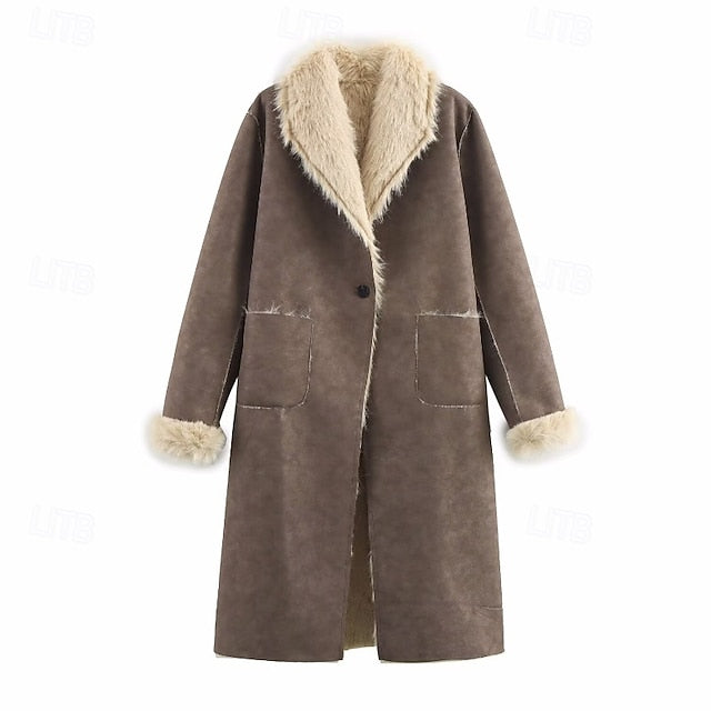 Fur Buttons Pocket Faux Coat Comfortable Warm Women's