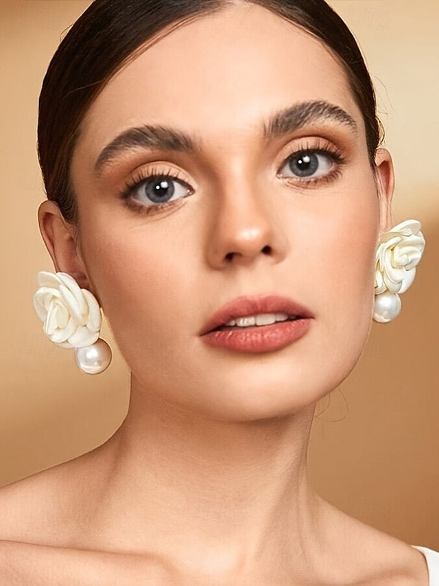 Earrings with Flower Drop Pearl Stud Faux Women's Elegant