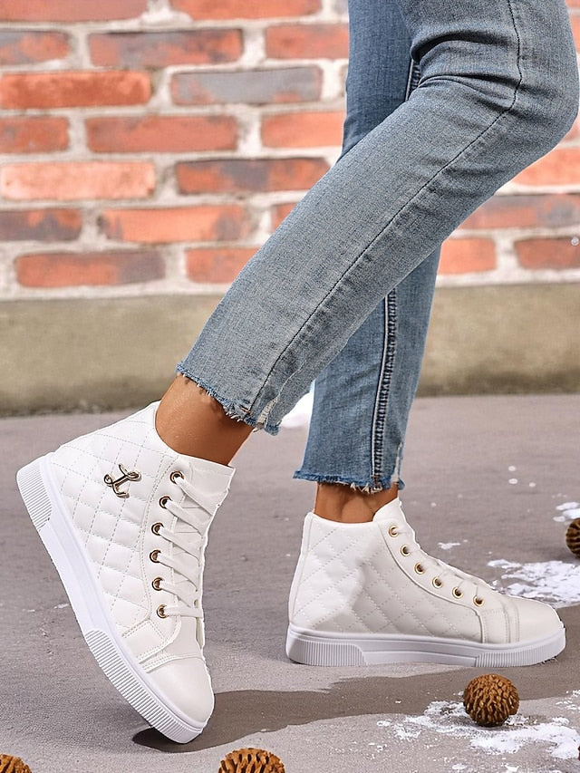 Women's White Quilted High-Top Sneakers, Fashion Lace-Up