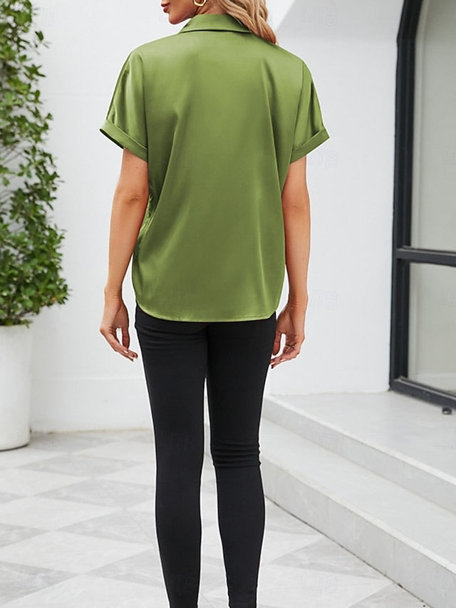 Women's Shirt Elegant Dressy Satin Top Buttons Solid Color