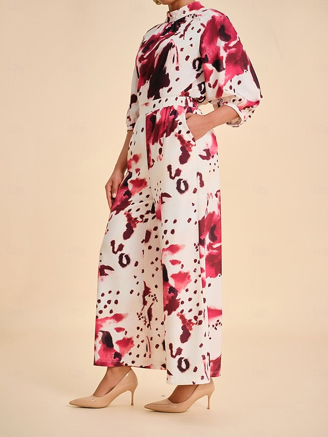 Women's Blouse Wine Abstract Print Standing Collar Casual