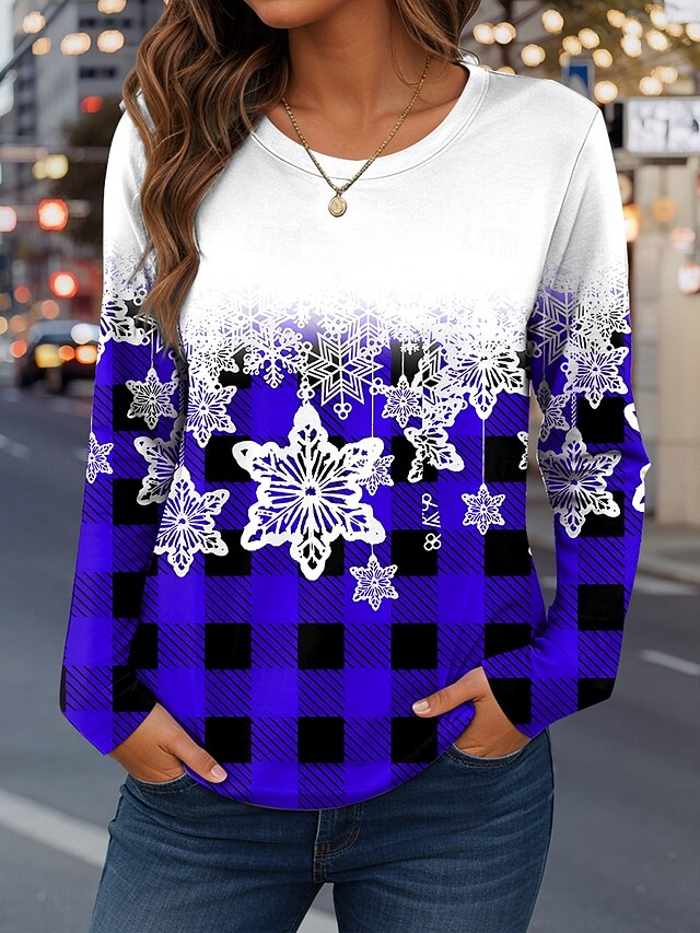Women's T Shirt Print Graphic Plaid Snowflake Vintage