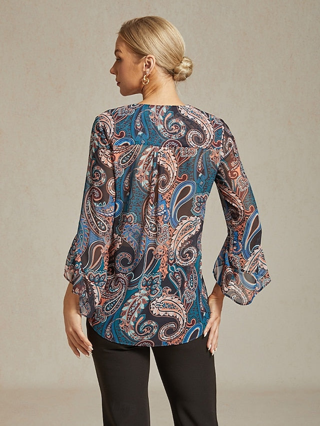 Women's Boho Shirt Blouse Ruffle Paisley Vintage Stylish
