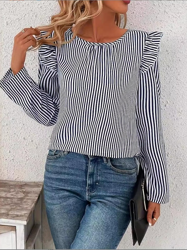 Women's Tunic Ruffle Asymmetric Hem Striped Stylish Long