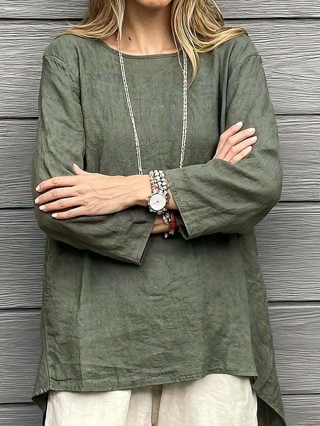 Women's Cotton Linen Shirts Blouse Patchwork Plain Elegant