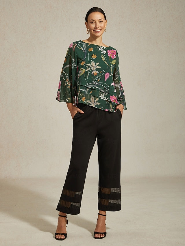 Women's Blouse Sheer Chiffon Green Floral Print Half Sleeve